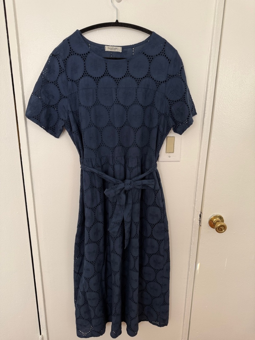 Eyelet Tie-Waist Midi Dress in Navy